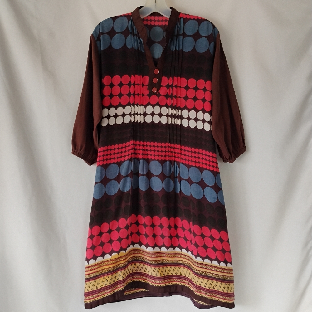 Multicolor Mod Boho Spots Stripe Flowy Midi Shift Dress ¾ Length Balloon Sleeves